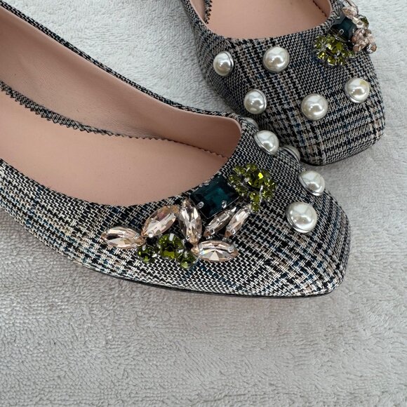 J.Crew Embellished Plaid Sally Poppy Ballet Flats With Pearl & Gem Accents - Picture 2 of 7